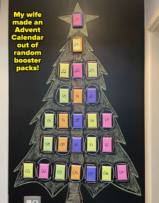 A chalkboard illustration of a Christmas tree with colorful, numbered boxes from 1 to 25, mimicking an advent calendar