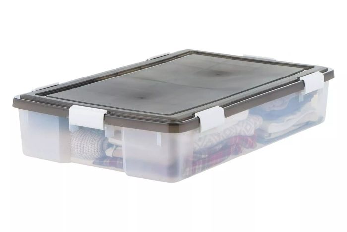 IRIS USA Underbed Gasket Box with a tight latch and seal, 47 Qt storage bins with lids in a sleek Gray/Clear finish.