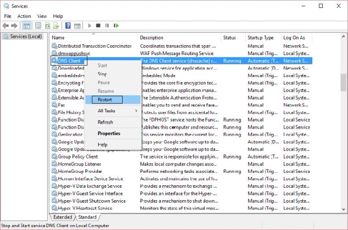 Khởi động lại DNS Client