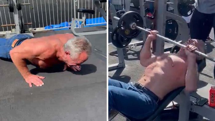 A series of screenshots show RFK Jr. shirtless, performing push-ups and bench pressing a bar with small weights, reclining on an inclined bench.