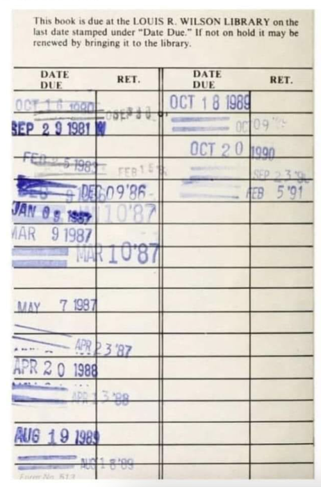 A library card with several stamped due dates, spanning from 1986 to 1991, marking a history of book loans and returns