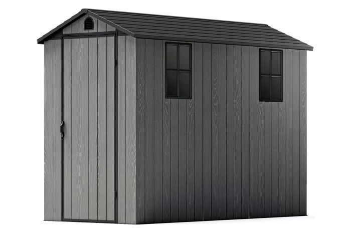 Patiowell 4 x 8 FT Plastic Outdoor Storage Shed with Floor, Resin Construction, Featuring Windows and a Lockable Door, Ideal for Backyard Gardens, Patios, and Lawns. Easy to Install, Dark Gray (Fit-it Shed).