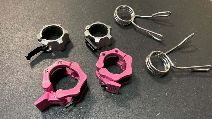 Three distinct styles of barbell collars.