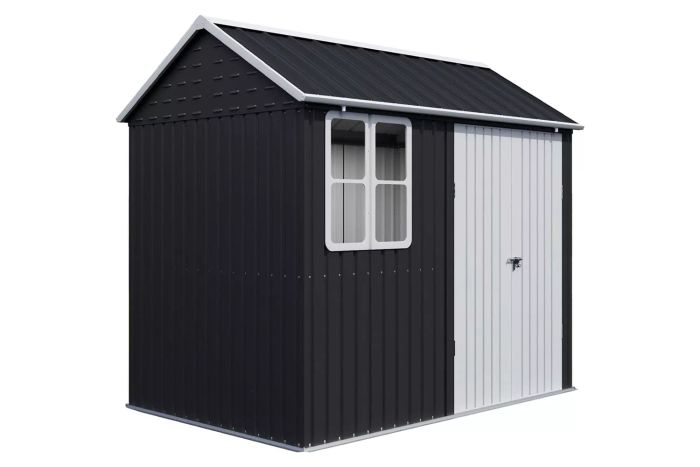 VanAcc 8.6x6x8 FT Outdoor Storage Shed with Lockable Hinged Double Doors and Enhanced Vents, a Durable Metal Shed for Your Backyard, Garden, or Patio in Dark Black/White.