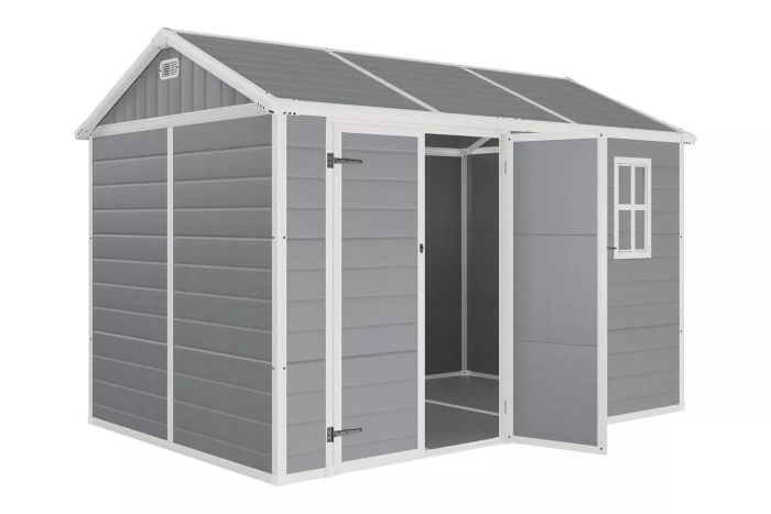 10.5x7.6x7.5 FT Resin Storage Shed, Equipped with a Floor, Vents, Window, and Stainless Steel Hardware, Perfect for Storing Lawnmowers, Bicycles, or Pool Supplies in Grey.