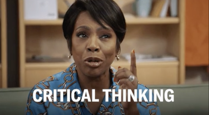 a woman stating, "critical thinking"
