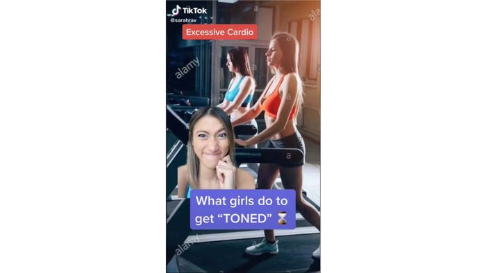 A woman making a disgusted face over a photo of women on treadmills. Text reads 