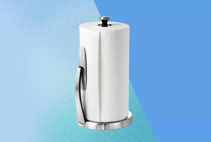 Oxo Good Grips SimplyTear Paper Towel Holder displayed on a gradient blue background