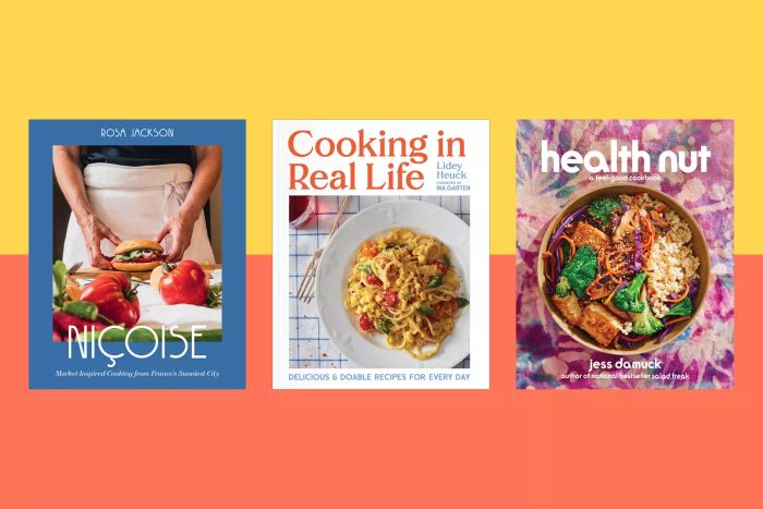 A trio of cookbook covers set against a vibrant backdrop