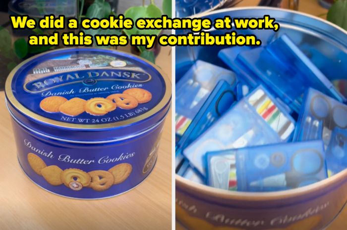 A tin labeled 'Royal Dansk Danish Butter Cookies' is opened, revealing sewing supplies instead of cookies