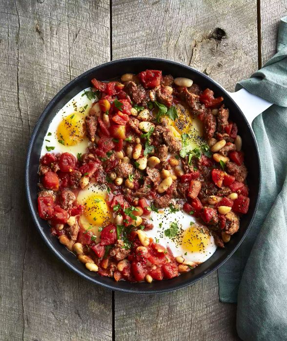 Baked Eggs with Beans and Lamb Sausage