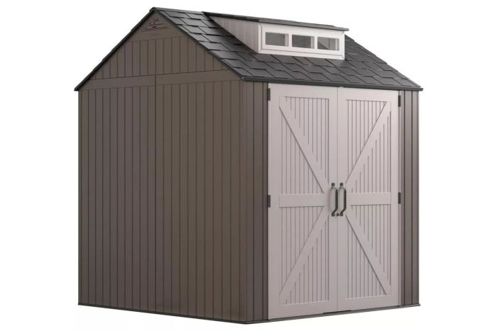 Rubbermaid Large Resin Outdoor Storage Shed with Floor (7 x 7 Ft.), Weatherproof, Brown, Perfect for Storing Home Items, Lawn Mowers, Backyard Tools, Bikes, and Pool Gear