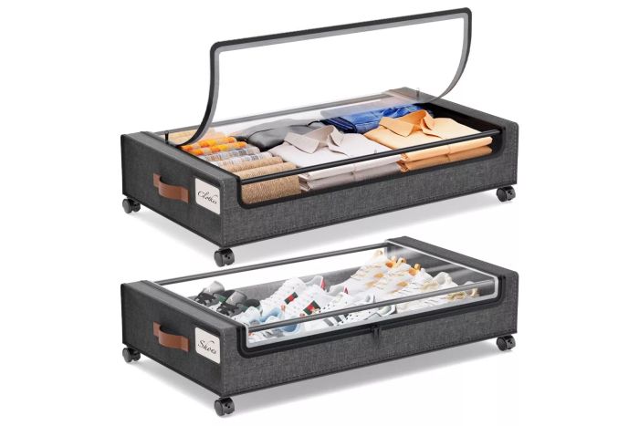 Yecaye Rolling Under-Bed Storage Bins, a set of two convenient storage containers with wheels, in gray.