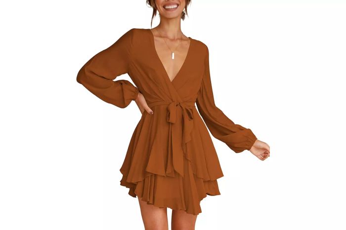 Amazon October Prime Day Cosonsen Women's Dress with Deep V-Neck, Long Sleeves, Waist Tie, and Ruffle Mini Swing Skater Design