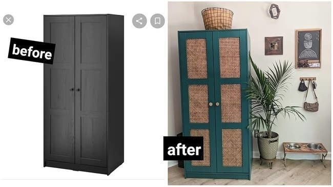 A black cabinet before and a green, upgraded cabinet featuring wicker panels after. The decor includes a plant, a basket, and a stylish wall setup.