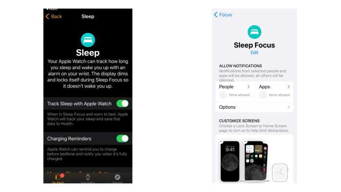 Configuring settings in the Watch app and Sleep Focus