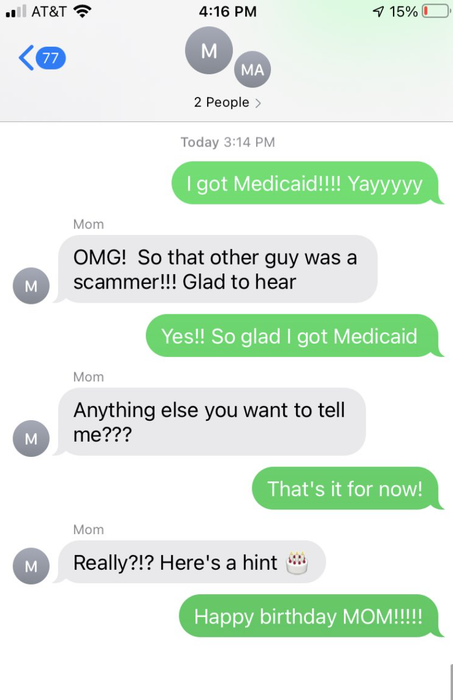 A text thread where someone's mom hints that they forgot something and then the child says