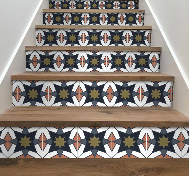 peel-and-stick mosaic tiles for decorating a staircase