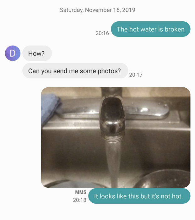 Screenshots of someone's message to their landlord where they sent a picture of a running tap and wrote
