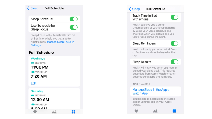 Configuring sleep settings within the Health app
