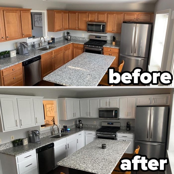 Top: A reviewer's 'before' photo of brown kitchen cabinets / Bottom: The same cabinets now transformed into a bright white after.
