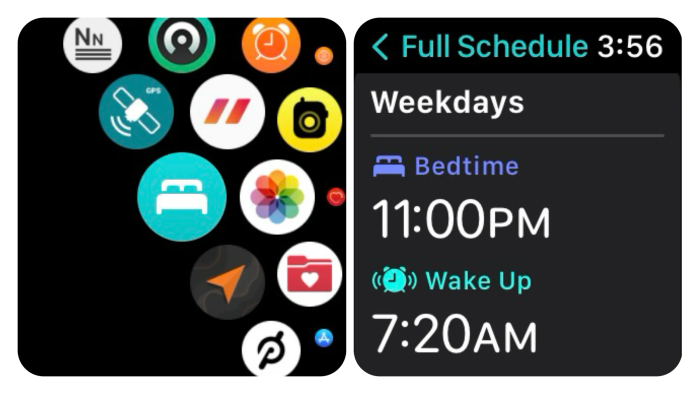 Apple Watch screenshots: locating the app and configuring your sleep schedule