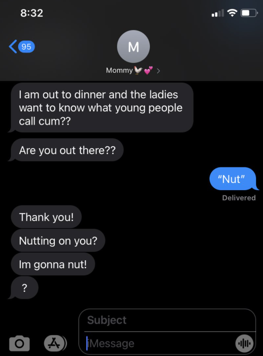 A text thread where someone's mom asks them,