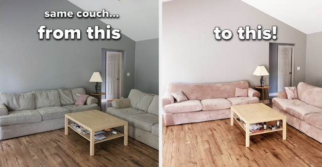 Before-and-after photos of a couch with a pink velvet slipcover show how the furniture looks completely renewed and almost unrecognizable.