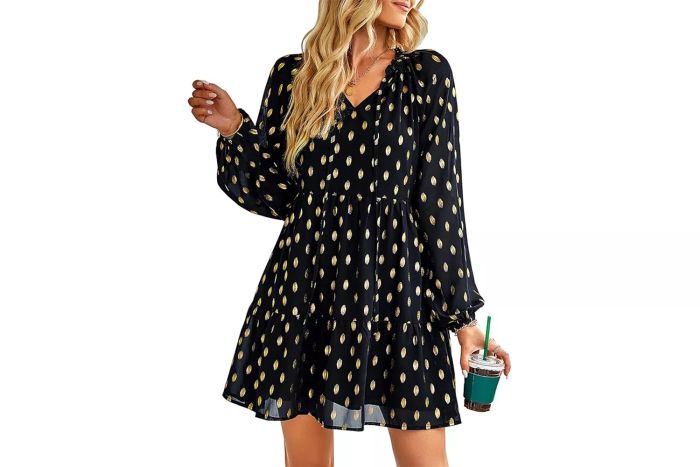 Amazon KIRUNDO Women's 2024 Fall Long-Sleeve Gold Polka Dot Cute Babydoll Dress
