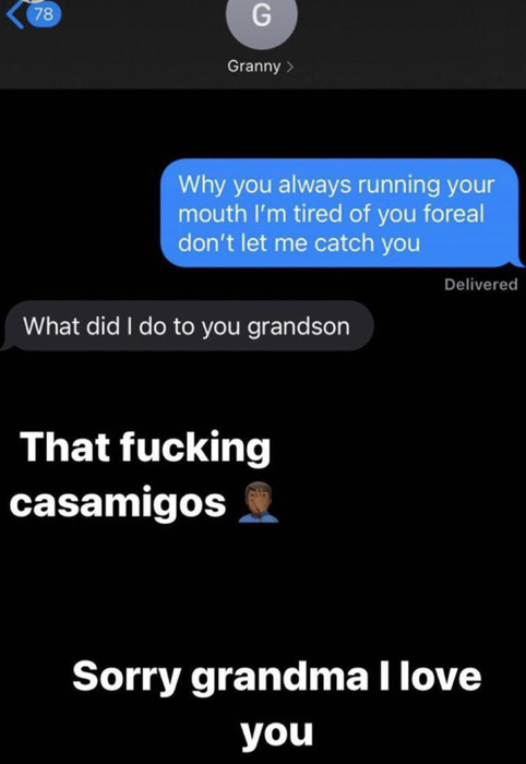 A screenshot of a text thread where someone mistakenly sent a threat to their grandma instead of the intended person
