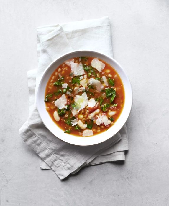 White Bean and Barley Soup Featuring Tomatoes and Greens