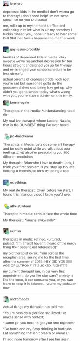 People sharing their therapy stories, where therapists humorously and straightforwardly tell them to stop browsing memes.