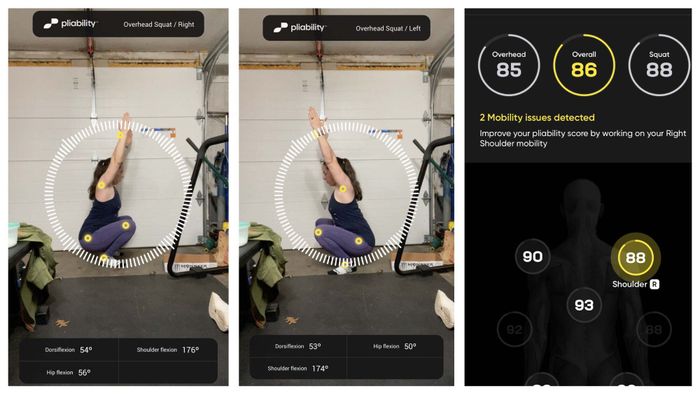 Two screenshots capture me performing the test, holding a squat with arms raised overhead. The third frame shows the results screen, highlighting my right shoulder in yellow.