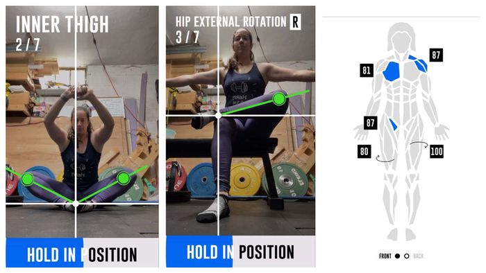 Screenshots of the WODProof test, including the butterfly stretch and a hip rotation stretch, with green lines indicating the measurements taken by the camera, as well as a body map screenshot displaying the results.