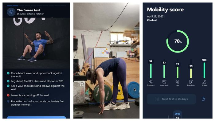 Screenshots: first, a demonstration from the app of a test where the individual is seated against a wall; next, a picture of me attempting to touch my toes; finally, an image of my mobility score at the conclusion of the test.