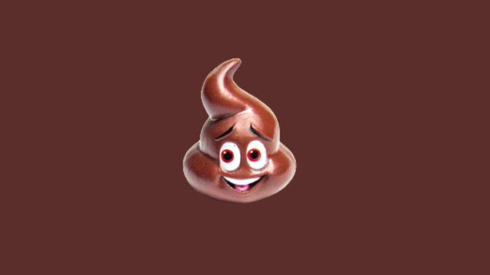 A cheerful cartoon poop emoji set against a brown backdrop