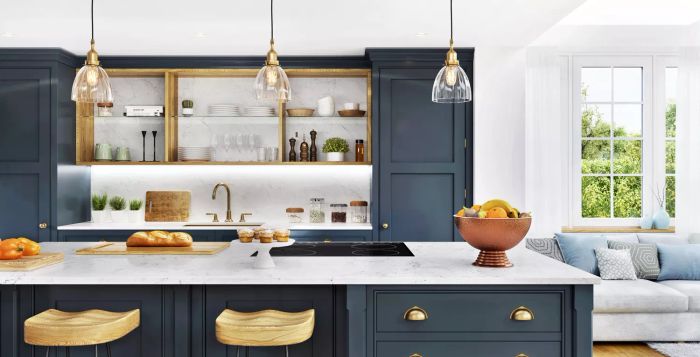 blue kitchen with gold accents