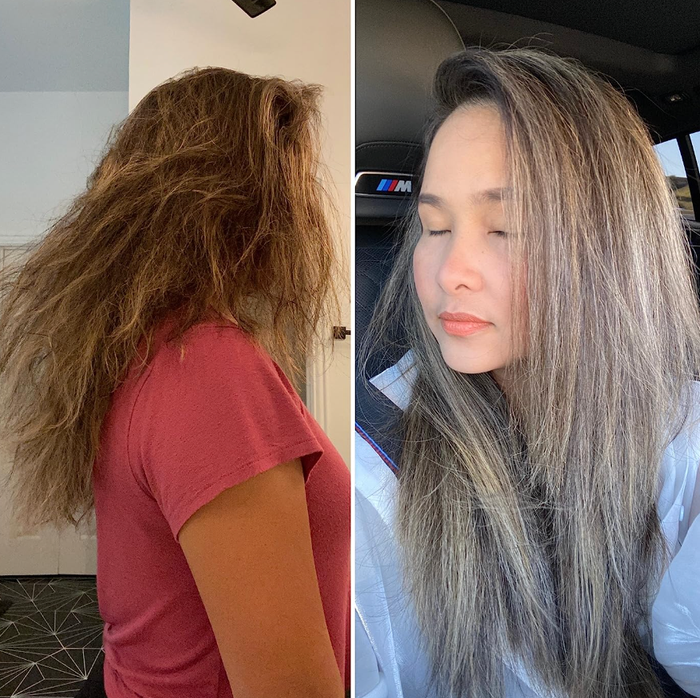 Before-and-after photos of the reviewer’s hair, showing damaged strands transformed into smooth, healthy locks