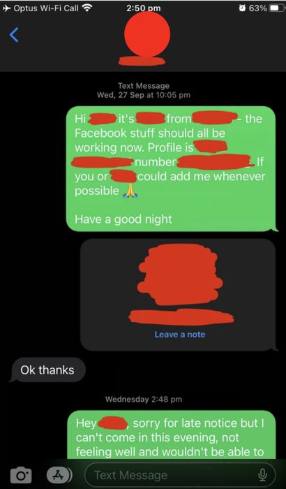 A phone screen displaying text messages about adding someone's profile and a work-related notice indicating someone's absence due to illness