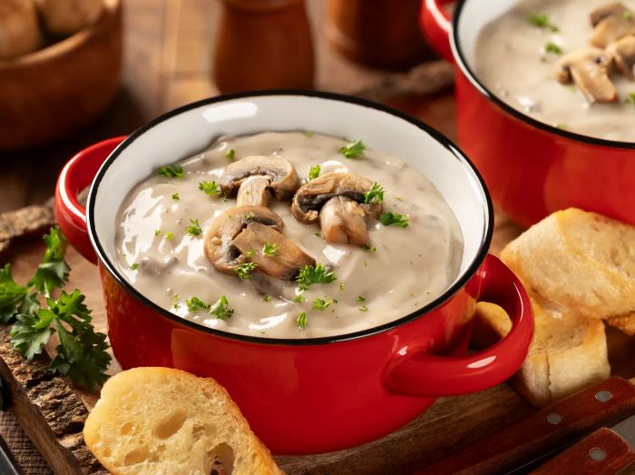 Two bowls of rich mushroom soup garnished with fresh parsley and mushroom slices, presented on a wooden tray