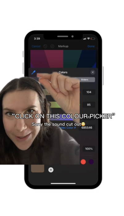 A woman demonstrates on her smartphone, with text on the screen reading 'CLICK ON THIS COLOUR PICKER' and 'Sorry the sound cut out.'