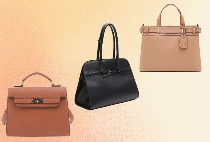 Evve's women's top-handle purse, Anne Klein's belted purse, and Mango's leather shopper bag, all set against a striking orange gradient backdrop.