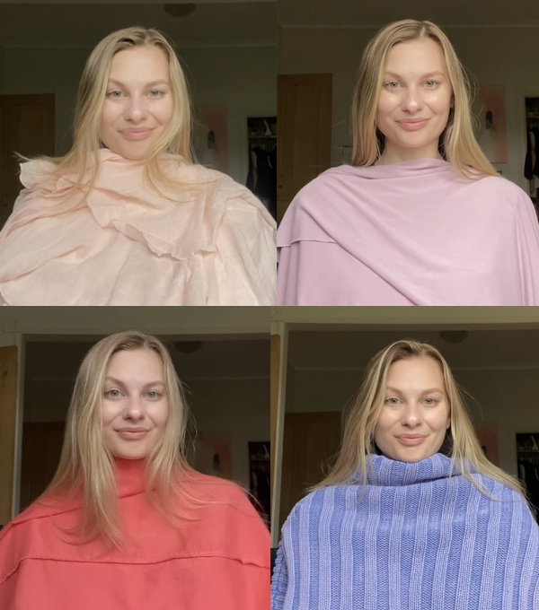 Four photos of Anastasia Barnes smiling in various cozy sweaters. Top-left: ruffled, middle-left: plain, top-right: tucked-in, bottom-right: textured.