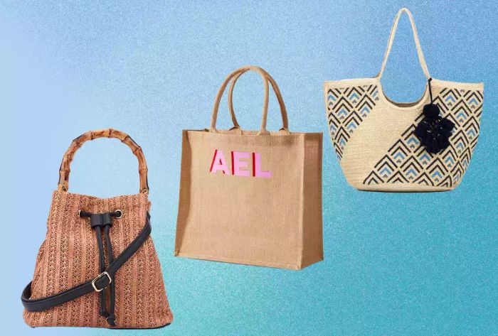 New York Company satchel bag, Mark Graham jute carryall, Olivia Miller tote against a blue gradient backdrop