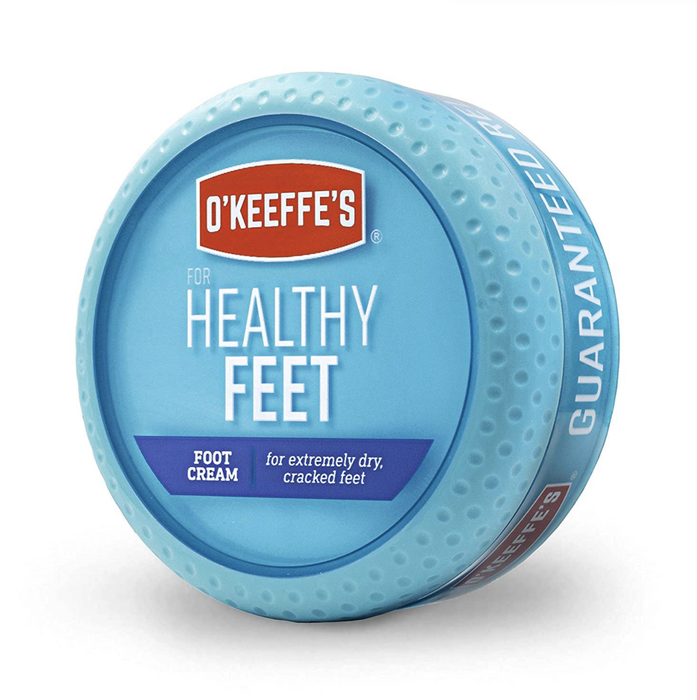 A tub of O'Keeffe's Healthy Feet foot cream