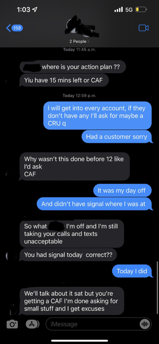 A text exchange about work duties and signal problems, where one person asks for an action plan and the other provides their availability.