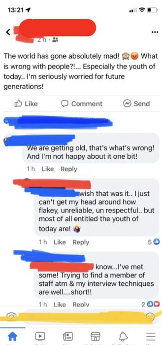 A Facebook post expressing concerns over the perceived decline in today's youth and venting frustrations regarding modern recruitment processes and interview methods.