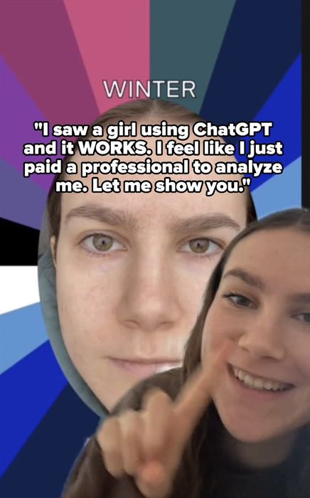 A split image labeled 'WINTER.' The left side features a close-up of a woman's face with light makeup, while the right side shows a smiling woman gesturing with her index finger