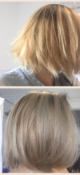 Transformation photos of the reviewer's hair before and after using the treatment