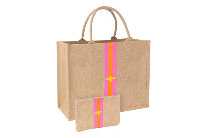 Hello Beaches Store Large Beach Bag in Pink and Orange, Jute Woven